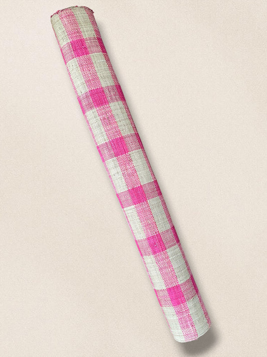 Checkered Pink & Natural Paok Raffia Fabric Roll
