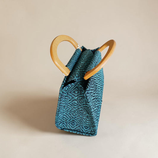Midnight Blue Hand Bag with Wooden Handle