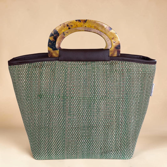 Olive Earth Raffia Tote V3 (Brown Tab Handle)