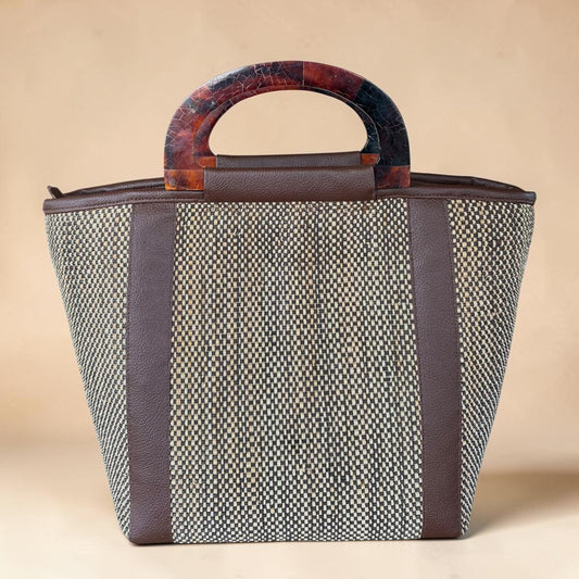 Dark Espresso Raffia Tote V1 (Black Tab Handle)