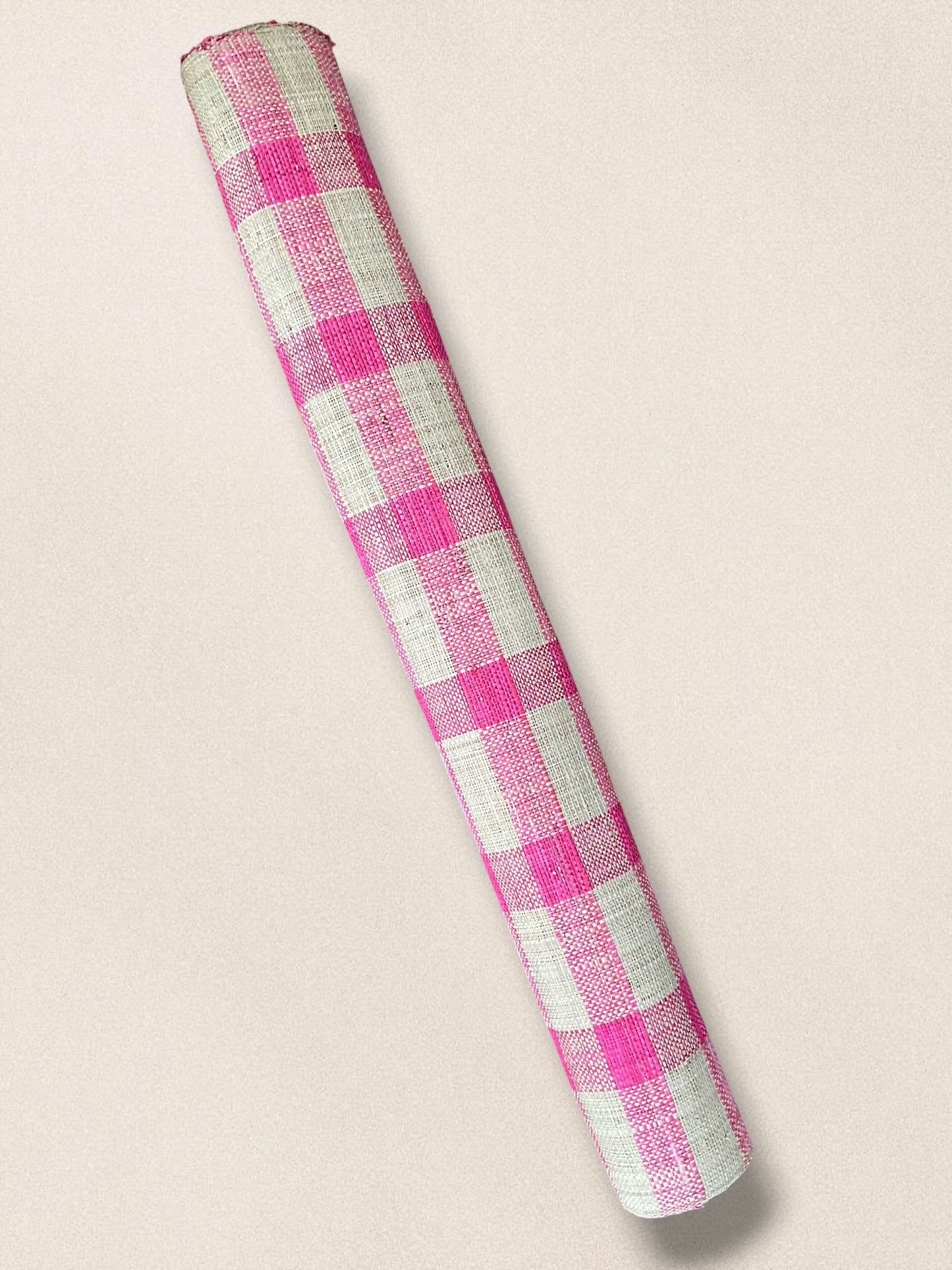 Checkered Pink & Natural Paok Raffia Fabric Roll