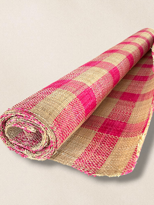 Checkered Pink & Natural Paok Raffia Fabric Roll