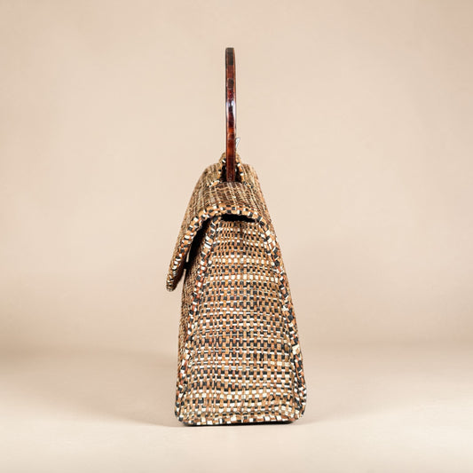 Coffee Shell Ring Handle Raffia Clutch