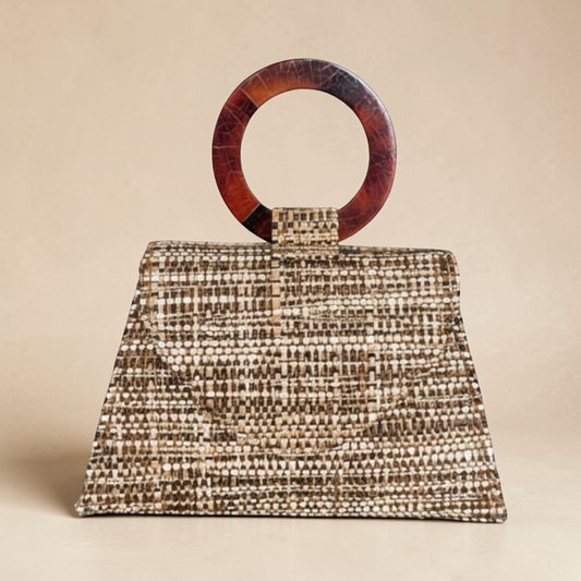 Coffee Shell Ring Handle Raffia Clutch
