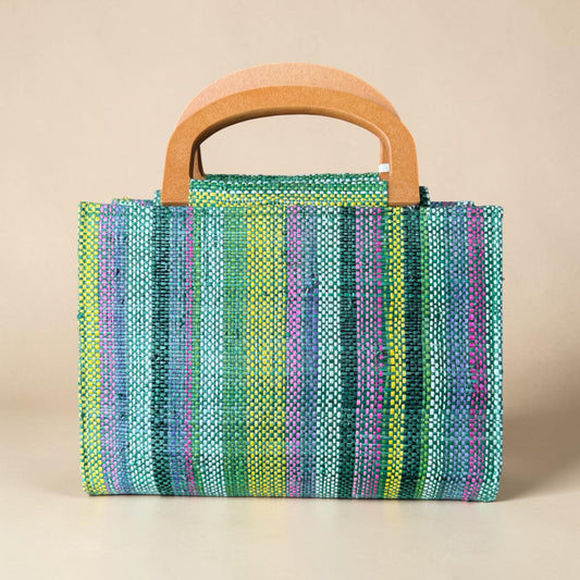 Striped Woven Tote Bag with Wooden Top Handle