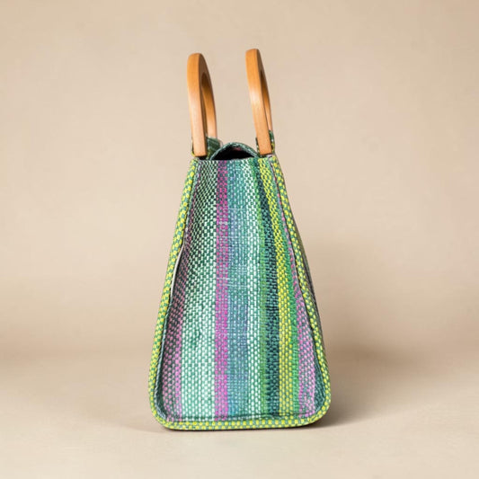 Striped Woven Tote Bag with Wooden Top Handle