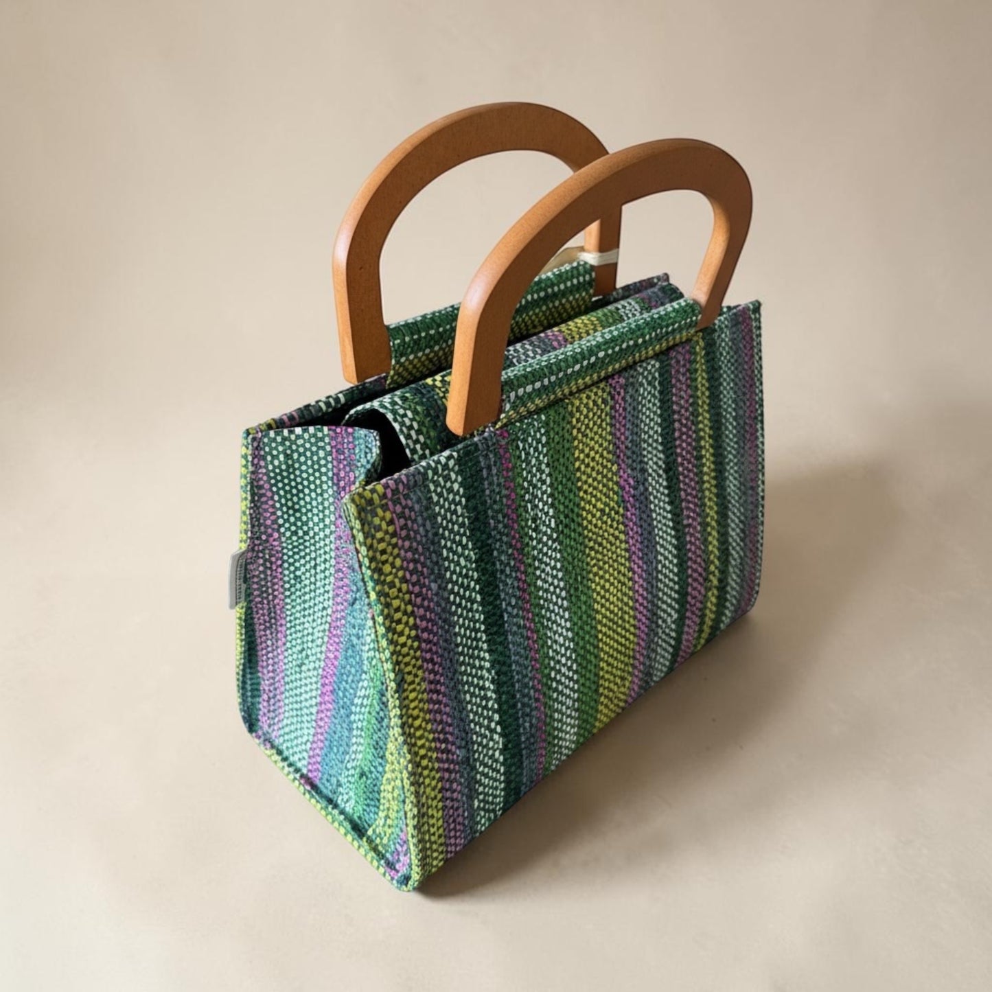 Striped Woven Tote Bag with Wooden Top Handle