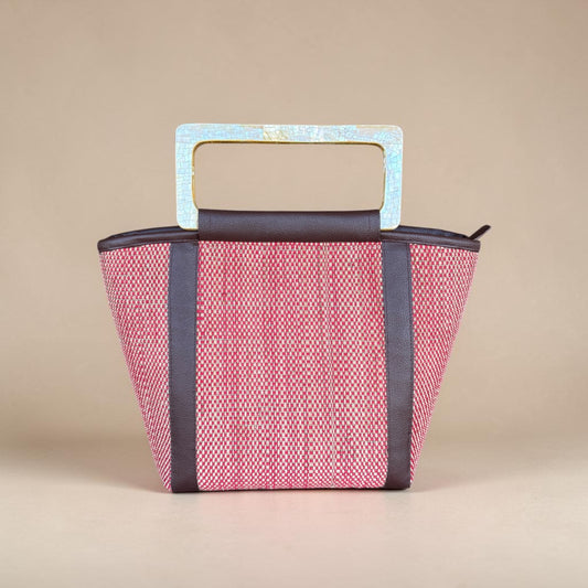 Luxury Mixed Raffia Tote in Crimson with Shell Handle