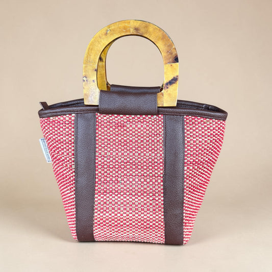 Luxury Mixed Raffia Mini Tote in Crimson with Shell Handle