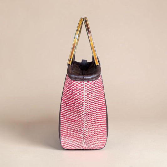 Luxury Mixed Raffia Mini Tote in Crimson with Shell Handle